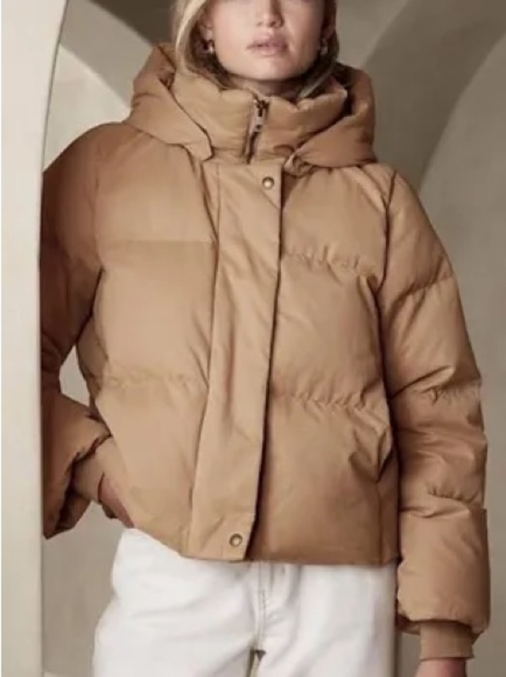 Tan Puffer Jacket with Hood - Logo